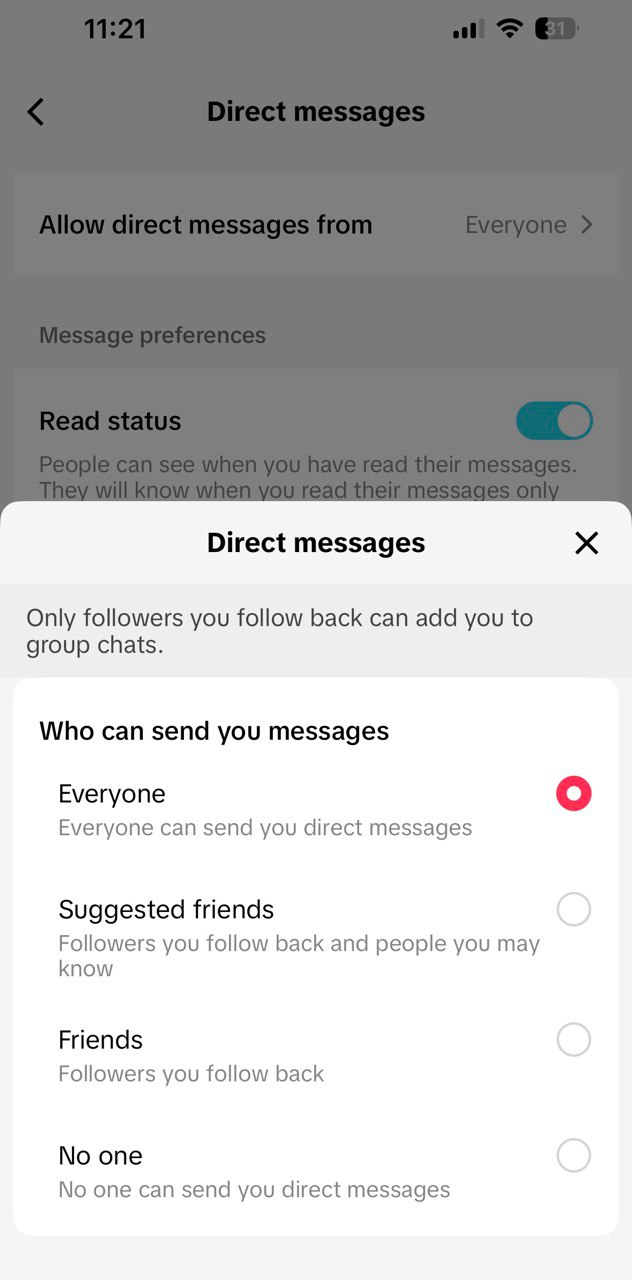 Direct Message permission - TT app screenshot